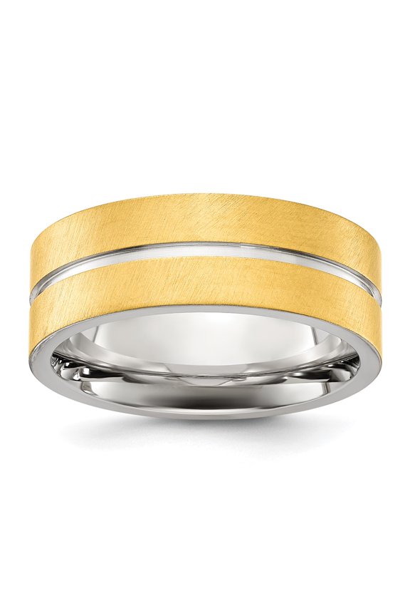 Fine Jewelry Stainless Steel Brushed and Polished Yellow IP-plated Grooved 8mm Men's Band Size 10.5