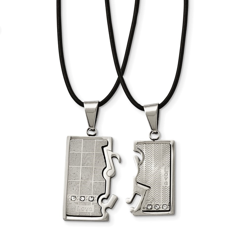 Auriga Fine Jewelry Stainless Steel Brushed and with CZ Love and Music Pendants on Leather Cord Necklace Set for Women 20"