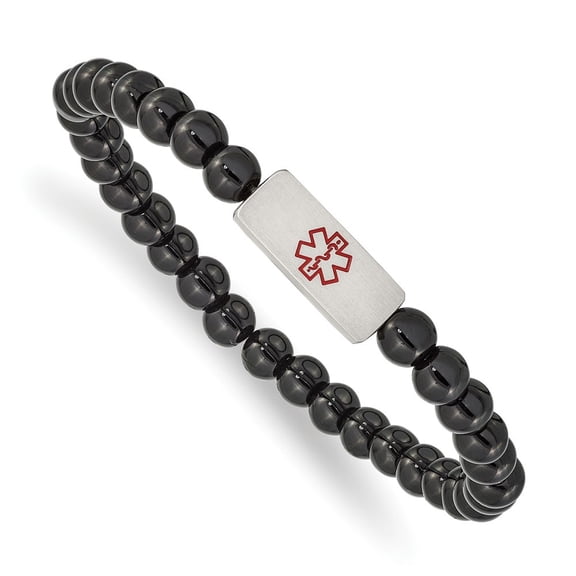 Auriga Mother's Day Gift Stainless Steel Brushed with Red Enamel Medical ID 6mm Onyx Beaded Stretch Bracelet for Women