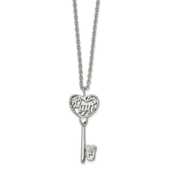 Auriga Fine Jewelry Stainless Steel Clear Crystal Mom Heart Key Pendant Chain Necklace 20" for Women