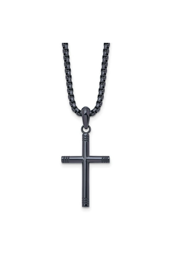 Fine Jewelry Stainless Steel Dark Grey IP-plated Cross Pendant on a Box Chain Necklace for Men 24"