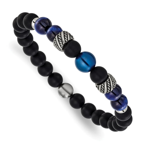 Auriga Stainless Steel Men's Antiqued Blue IP-plated 8mm Tiger's Eye and Black Onyx Beaded 7.5" Stretch Bracelet