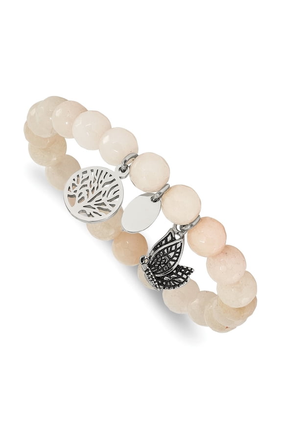 Stainless Steel Men's Antiqued Butterfly and Tree of Life 8mm White Jade Beaded Stretch Bracelet