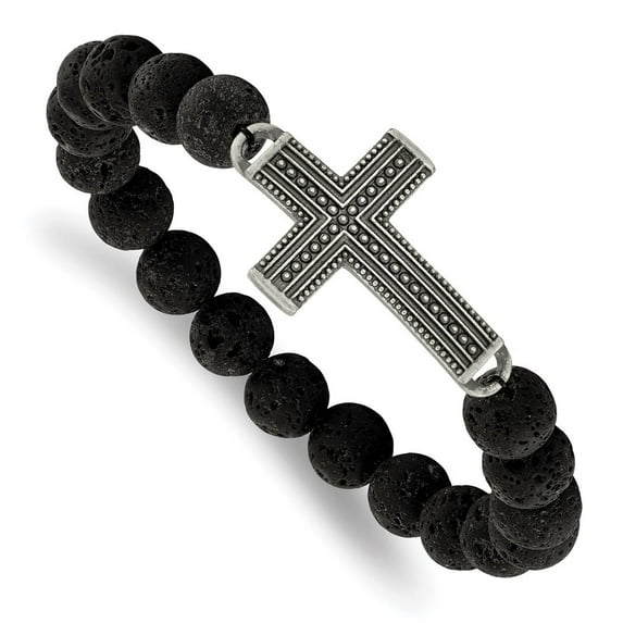 Auriga Stainless Steel Men's Antiqued Metal IP-plated Cross 10.5mm Lava Stone Beaded Stretch Bracelet