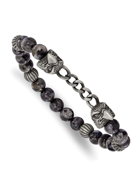 Stainless Steel Men's Antiqued White Bronze-plated Eagle Heads Labradorite Beaded Stretch Bracelet