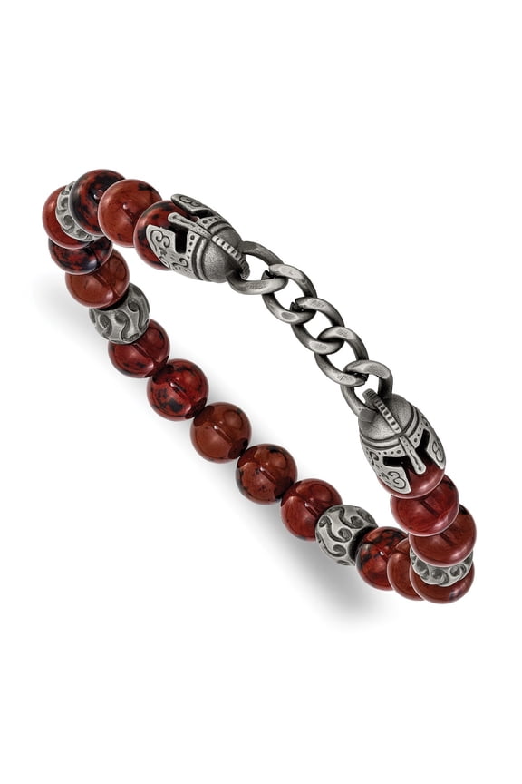 Fine Jewelry Stainless Steel Men's Antiqued White Bronze-plated Knight Helmets 8.5mm Red Obsidian Beaded Stretch Bracelet