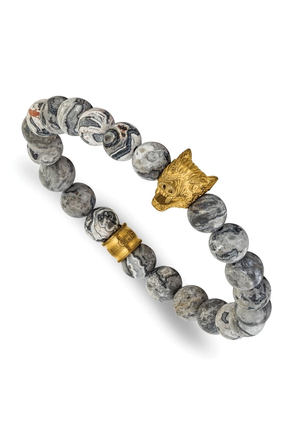Stainless Steel Men's Antiqued Yellow IP-pltd Wolf Head Matte Jasper 6.75" Stretch Bracelet