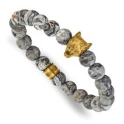 Auriga Stainless Steel Mens Antiqued Yellow IP-pltd Wolf Head Matte Jasper 6.75" Stretch Bracelet