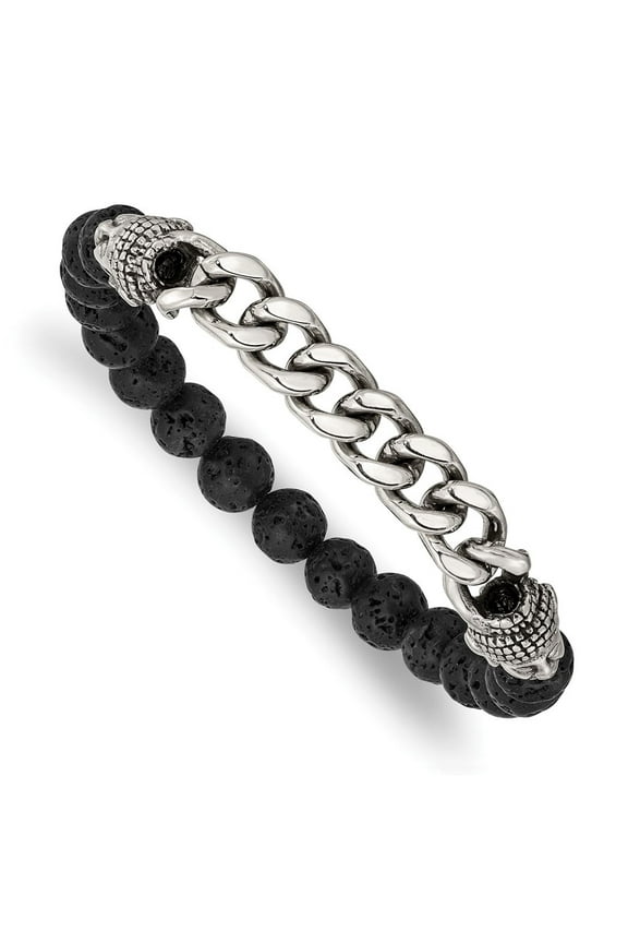 Fine Jewelry Stainless Steel Men's Antiqued and Buddha 8mm Lava Stone Beaded Stretch Bracelet