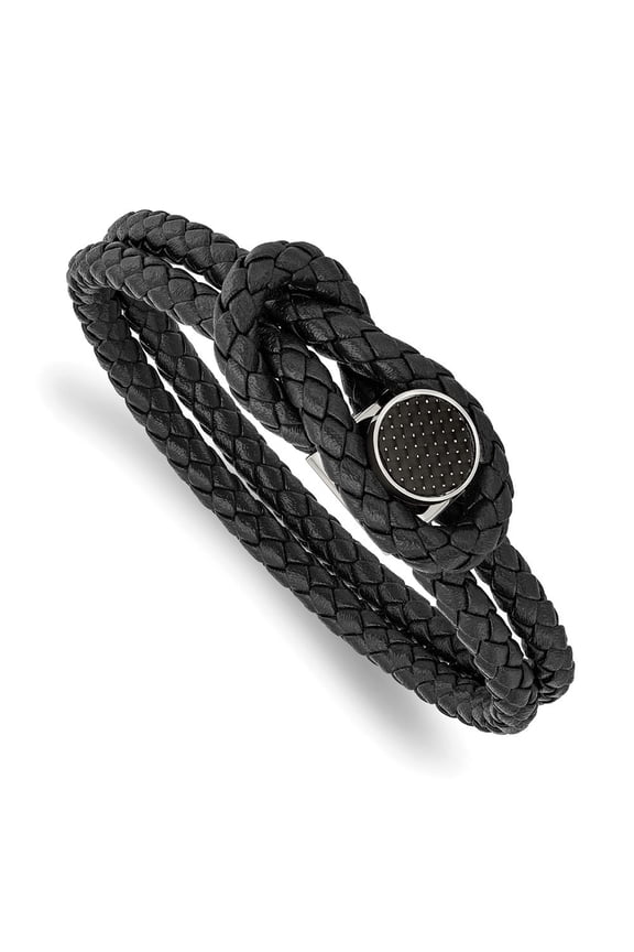 Stainless Steel Men's Black Carbon Fiber Inlay Black Braided Leather 8.5" Bracelet