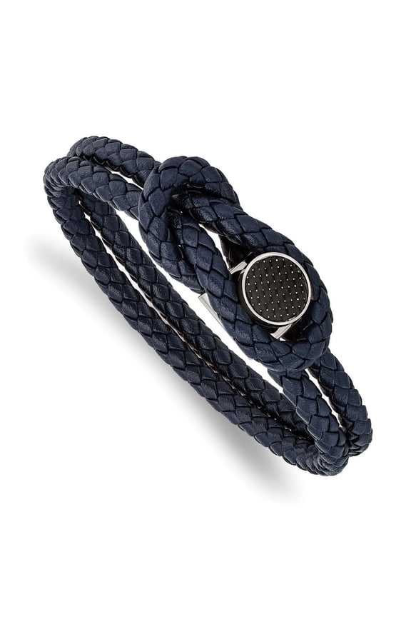 Stainless Steel Men's Black Carbon Fiber Inlay Navy Blue Braided Leather 8.5" Bracelet