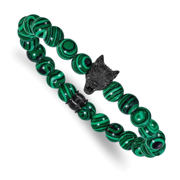 Auriga Stainless Steel Men's Black IP-plated Wolf Head 8mm Synthetic Malachite Beaded 7" Stretch Bracelet