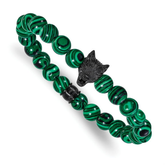 Auriga Stainless Steel Men's Black IP-plated Wolf Head 8mm Synthetic Malachite Beaded 7" Stretch Bracelet