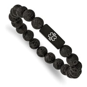 Auriga Stainless Steel Mens Black IP-plated with White Enamel Medical ID 8.5mm Lava Stone Beaded Stretch Bracelet