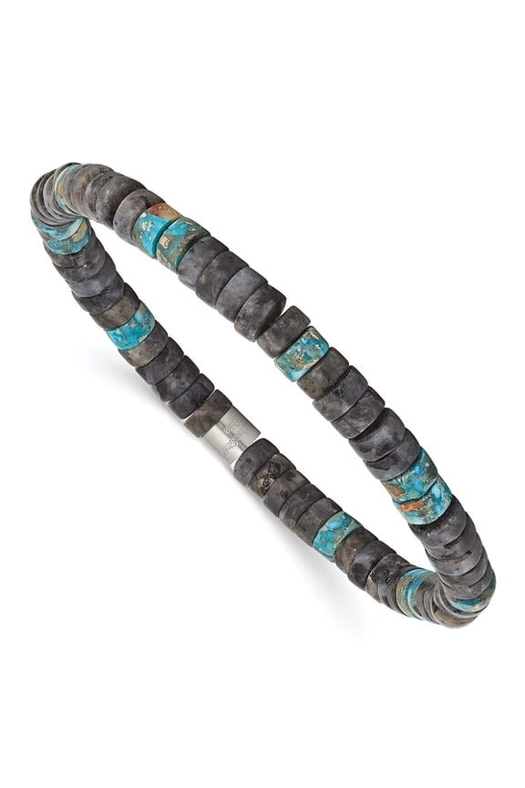 Stainless Steel Men's Blue Sediment and Black Spectrolite Beaded Stretch Bracelet