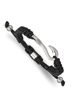 Fine Jewelry Stainless Steel Men's Brushed Fishing Hook Black Nylon Adjustable Bracelet