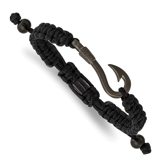 Auriga Fine Jewelry Stainless Steel Men's IP-plated Fishing Hook Black Nylon Adjustable Bracelet