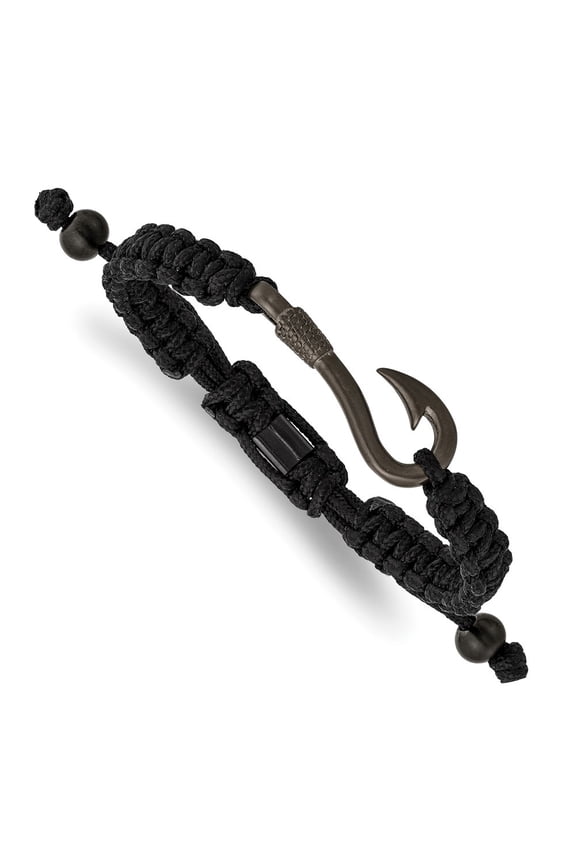 Fine Jewelry Stainless Steel Men's IP-plated Fishing Hook Black Nylon Adjustable Bracelet