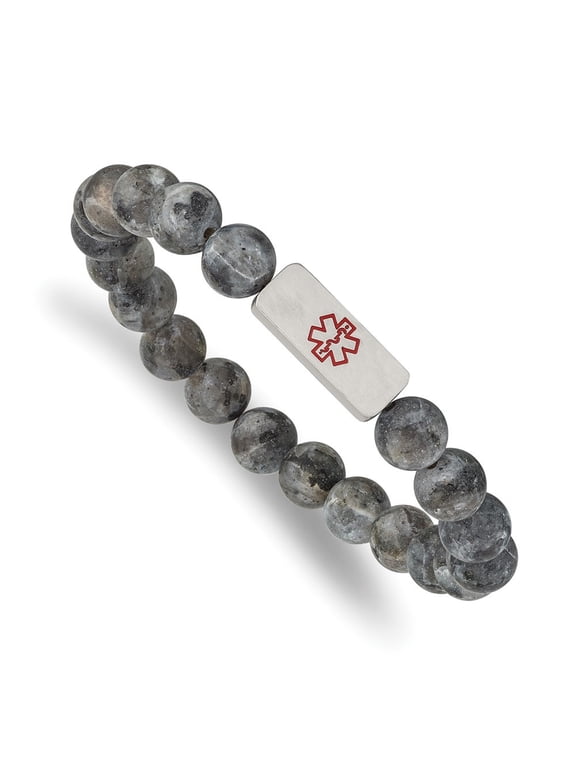 Stainless Steel Men's with Red Enamel Medical ID 8.5mm Labradorite Beaded Stretch Bracelet