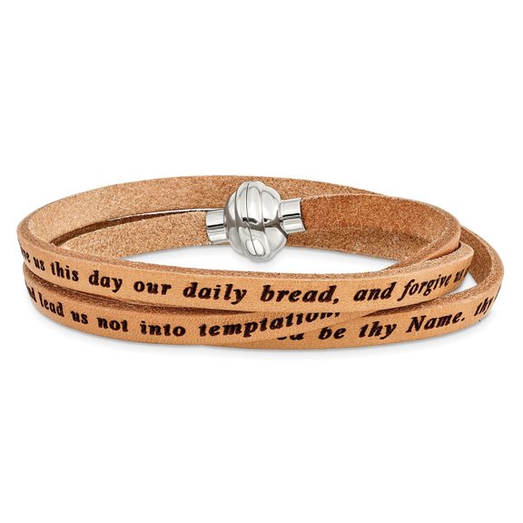 Auriga Stainless Steel Men's Lord's Prayer Tan Leather Wrap with Magnetic Clasp 21" Bracelet
