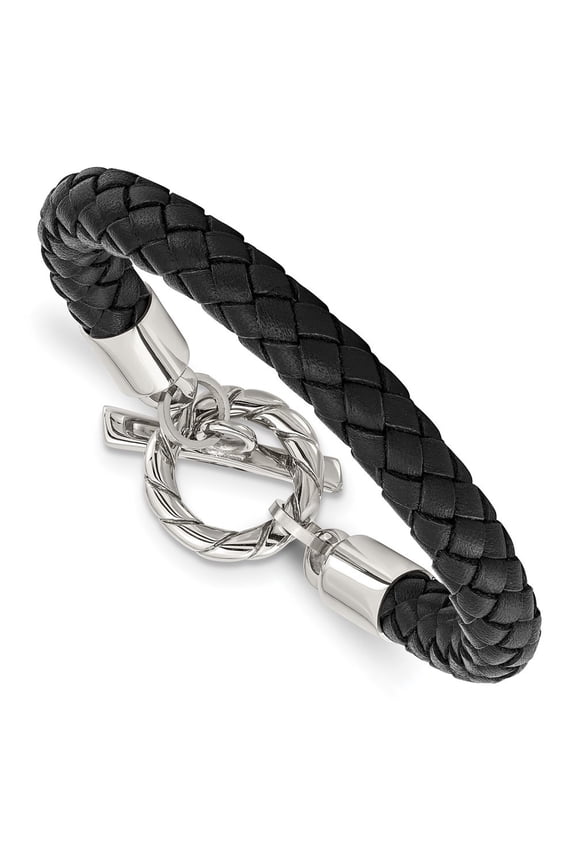 Fine Jewelry Stainless Steel Men's Polished Black Braided Leather Toggle 8.5 " Bracelet