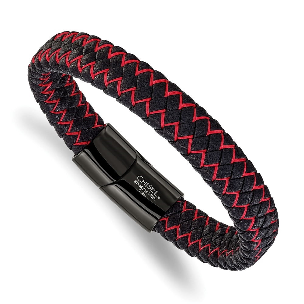 Auriga Stainless Steel Men's Black IP-plated Black Leather and Red Fabric 8.25" Bracelet