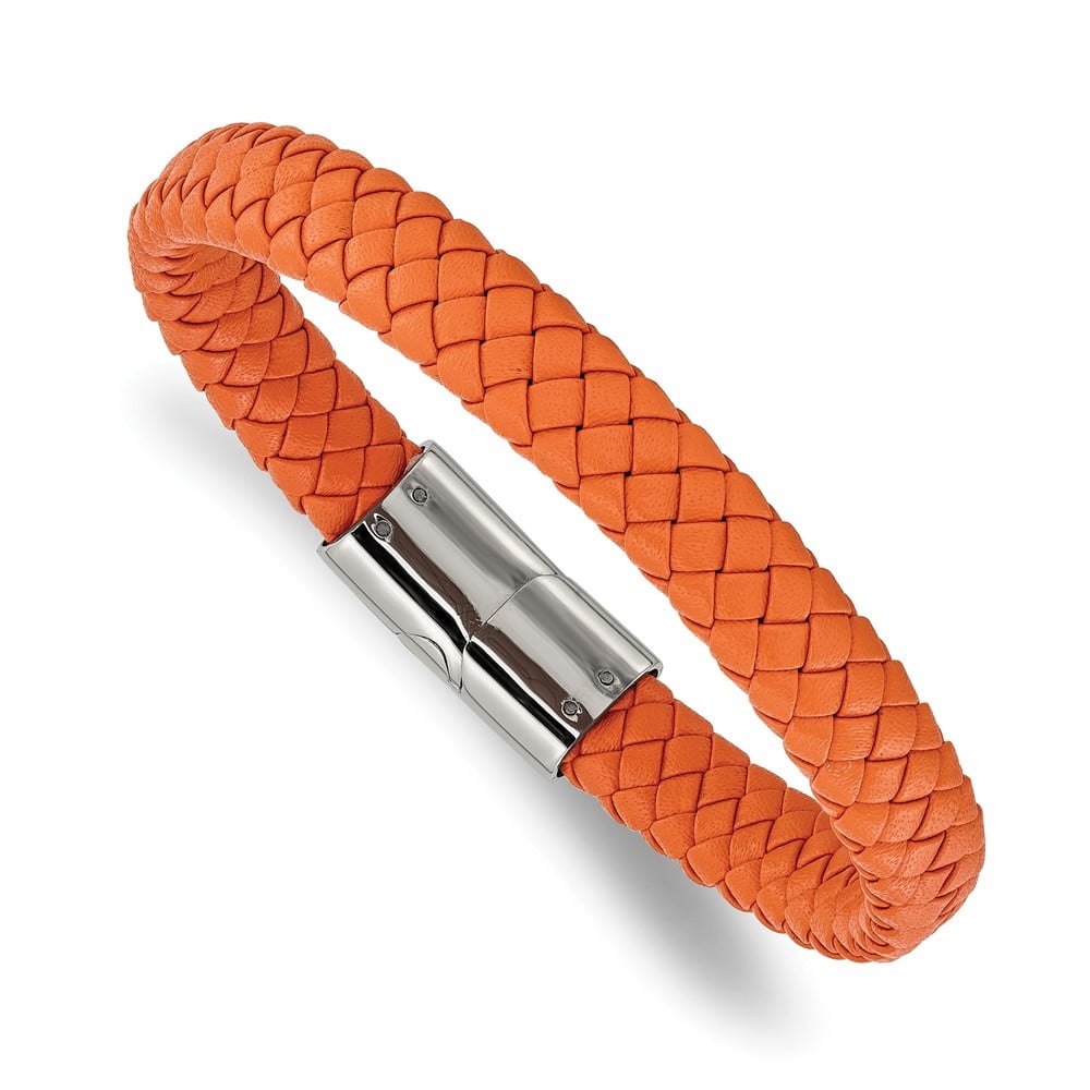 Auriga Fine Jewelry Stainless Steel Men's Polished Braided Orange Leather 8.25 " Bracelet