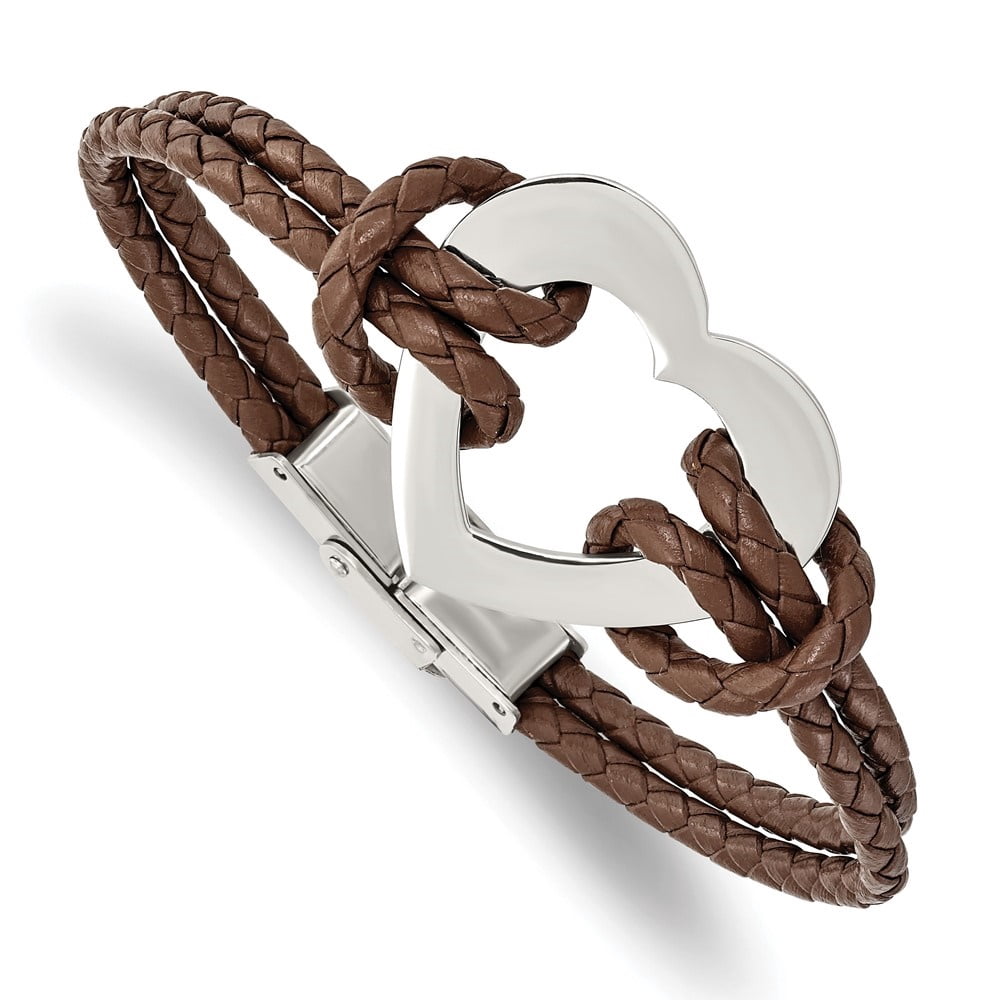 Auriga Fine Jewelry Stainless Steel Polished Heart Brown Braided Leather 7.5 " Bracelet for Men