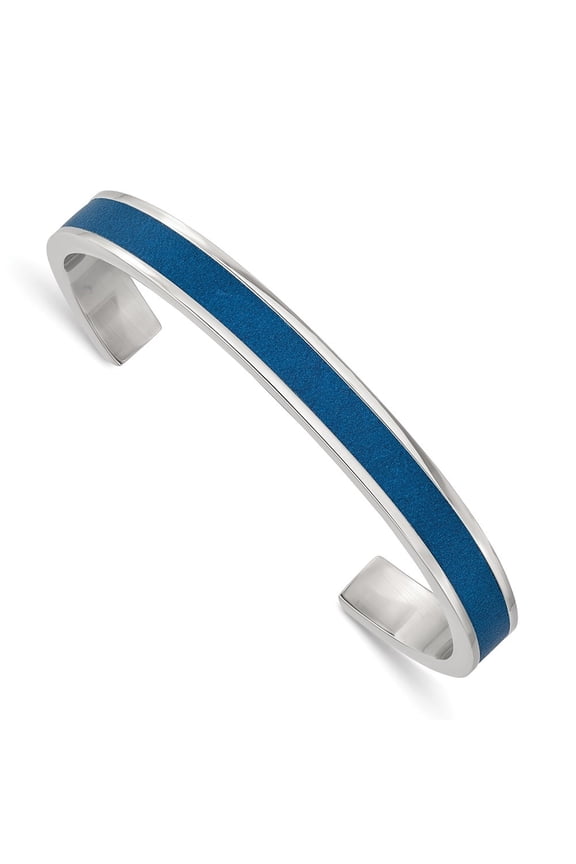 Fine Jewelry Stainless Steel Men's Polished with Blue Leather Inlay 8mm Cuff Bangle
