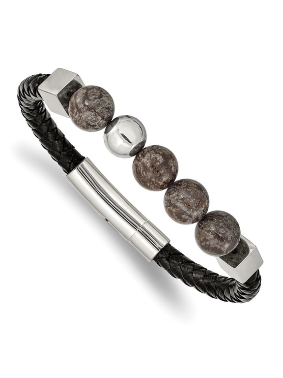 Fine Jewelry Stainless Steel Men's with Labradorite Beads Black Leather 8.25 " Bracelet