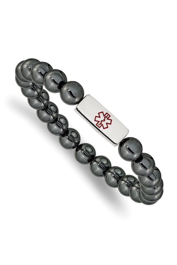 Stainless Steel Men's with Red Enamel Medical ID 8mm Hematite Beaded Stretch Bracelet