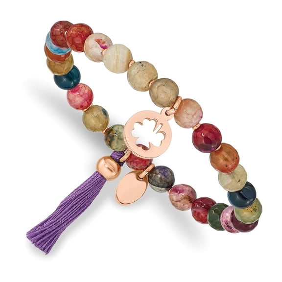 Auriga Fine Jewelry Stainless Steel Men's Rose IP-plated Clover 6mm Multi Color Agate Beaded Stretch Bracelet with Tassel