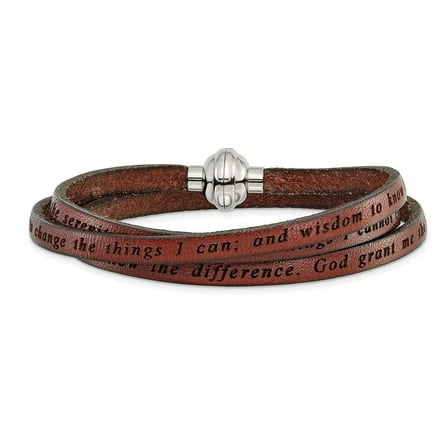 Auriga Stainless Steel Men's Serenity Prayer Brown Leather Wrap with Magnetic Clasp 23.5" Bracelet