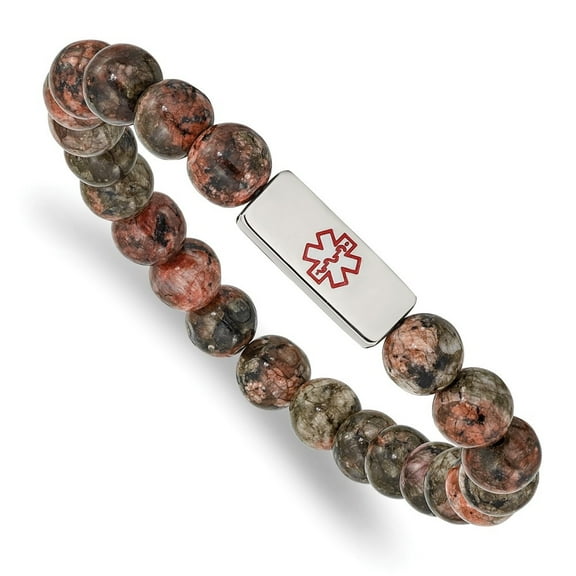 Auriga Stainless Steel Women's with Red Enamel Medical ID Poppy Jasper Beaded Stretch Bracelet