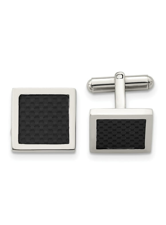 Fine Jewelry Stainless Steel Polished Black Carbon Fiber Inlay Square Cufflinks for Men