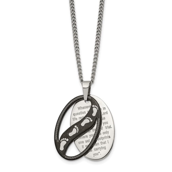 Auriga Fine Jewelry Stainless Steel Polished Black IP-plated 2 Piece FOOTPRINTS Pendant on a Curb Chain Necklace for Men 24"