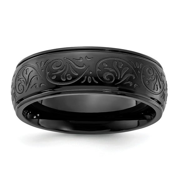 Auriga Fine Jewelry Stainless Steel Polished Black IP-plated Etched Design Ridged Edge 7.5mm Band Size 13