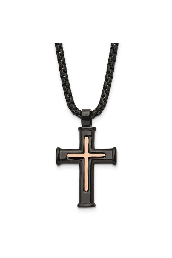 Fine Jewelry Stainless Steel Polished Black and Rose IP-plated Cross Pendant on a Box Chain Necklace for Men 24"
