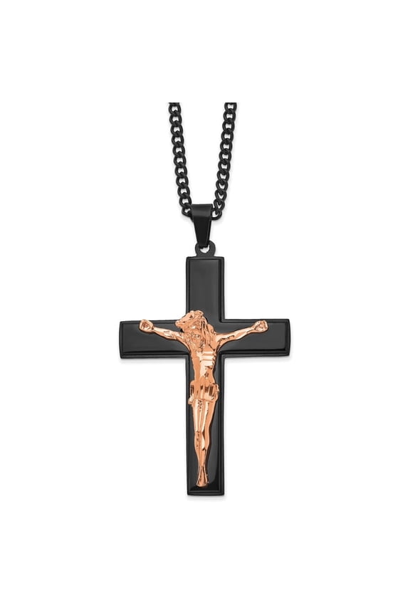 Fine Jewelry Stainless Steel Polished Black and Rose IP-plated Crucifix Pendant on a Curb Chain Necklace for Men 24"