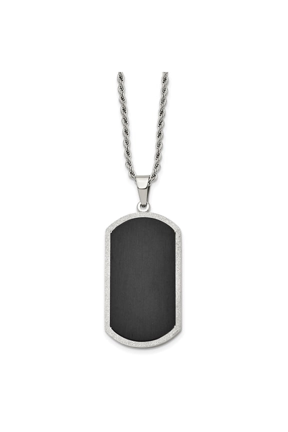 Fine Jewelry Stainless Steel Polished Black-plated Laser Cut Edge Dogtag on a Rope Chain Necklace for Men 24"