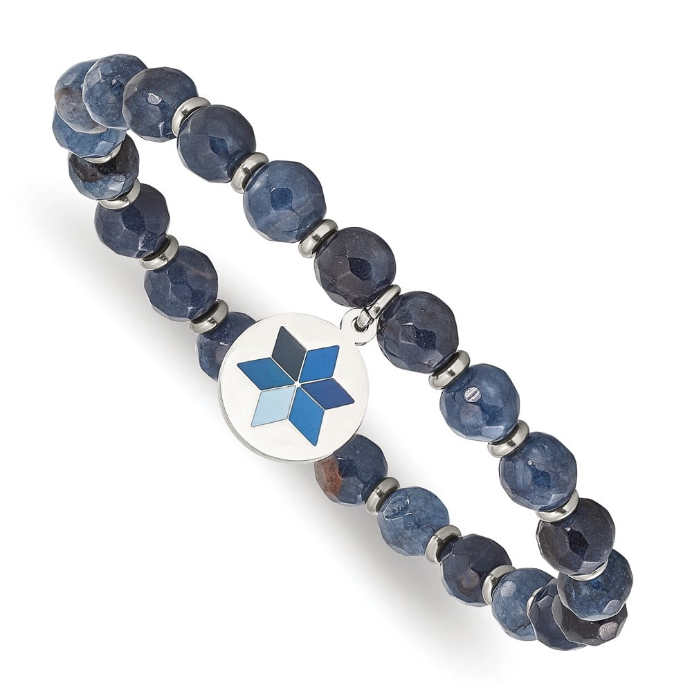 Auriga Fine Jewelry Stainless Steel Polished Enameled Flower Charm 6mm Blue Jade Beaded Stretch Bracelet for Women