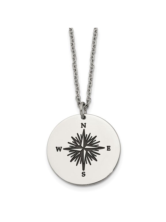 Fine Jewelry Stainless Steel Polished Enameled NOT ALL WHO WANDER ARE LOST Compass Pendant on a 22in Cable Chain Necklace for Men 22"