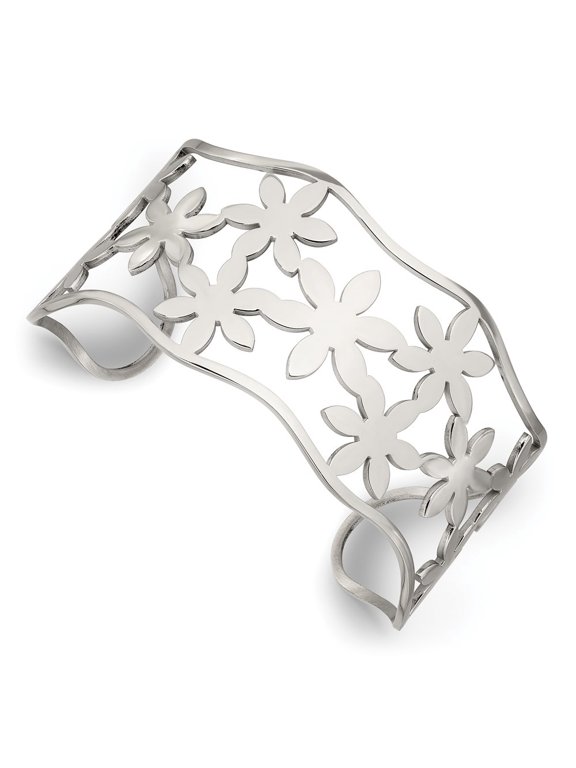 Fine Jewelry Stainless Steel Polished Flowers Cuff Bangle for Women