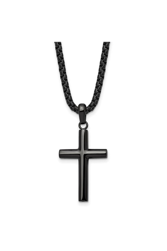 Fine Jewelry Stainless Steel Polished Gun Metal IP-plated Cross Pendant on a Box Chain Necklace for Men's 24"