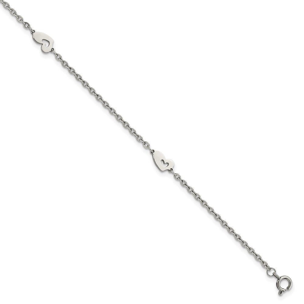 Auriga Fine Jewelry Stainless Steel Polished Hearts 9 inch Anklet Plus 1 inch Extension for Women