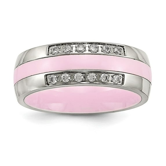 Auriga Fine Jewelry Stainless Steel Polished Pink Ceramic CZ Ring for Women Size 6