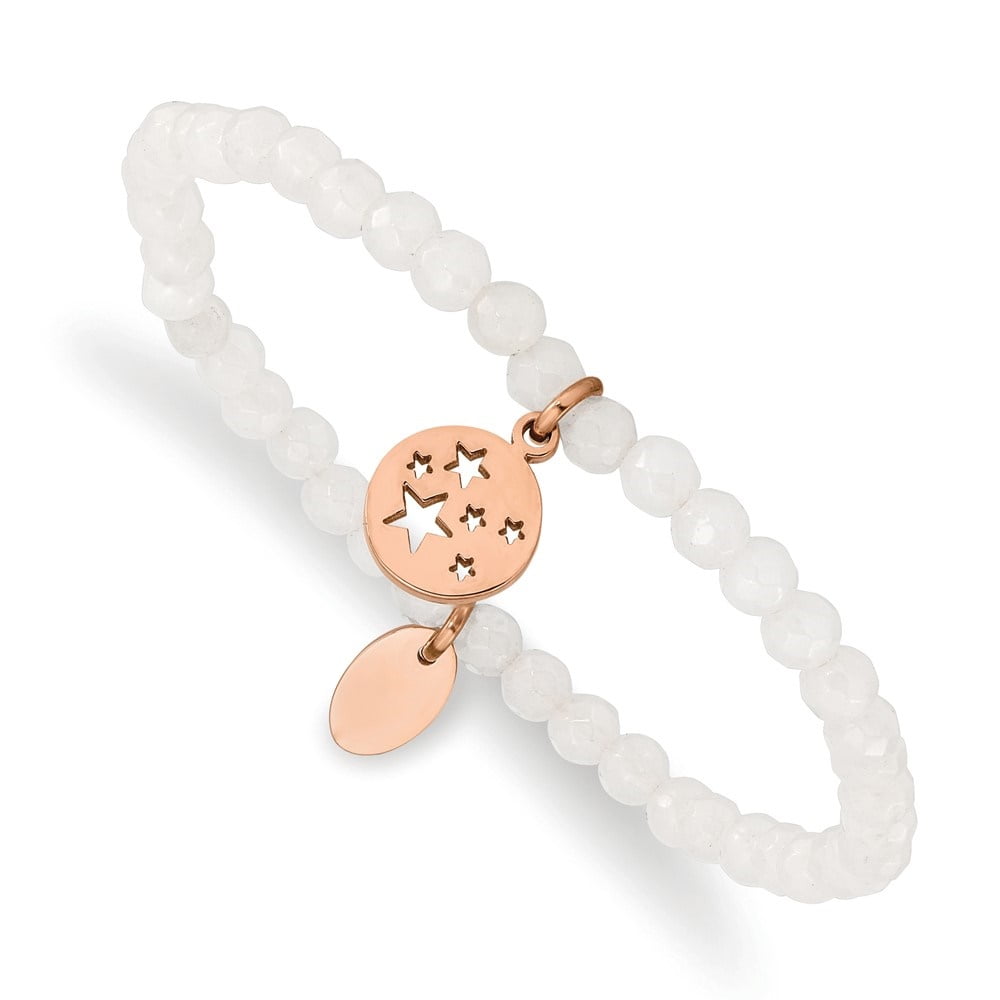 Auriga Mother's Day Gift Stainless Steel Rose IP-plated Stars 4mm White Jade Beaded Stretch Bracelet for Women