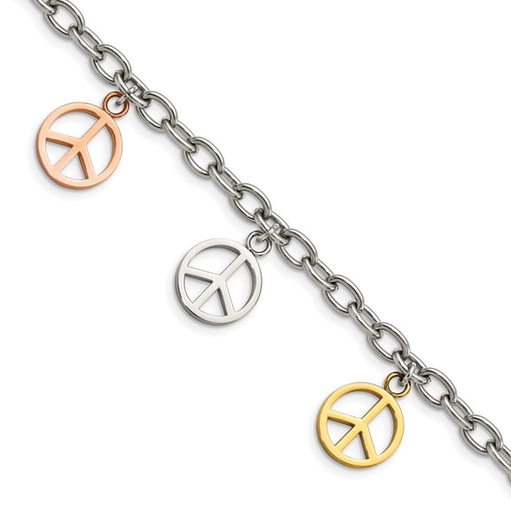 Auriga Fine Jewelry Stainless Steel Polished Rose and Yellow IP-plated Peace Sign Charms 8.5 inch Bracelet for Women
