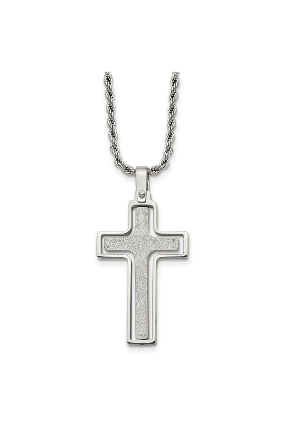 Fine Jewelry Stainless Steel Polished and Laser Cut Moveable Cross Pendant on a Rope Chain Necklace for Men 22"
