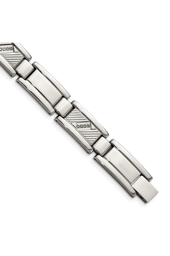 Fine Jewelry Stainless Steel Polished and Textured with 1/10 carat Diamond 8.5 inch Men's Bracelet
